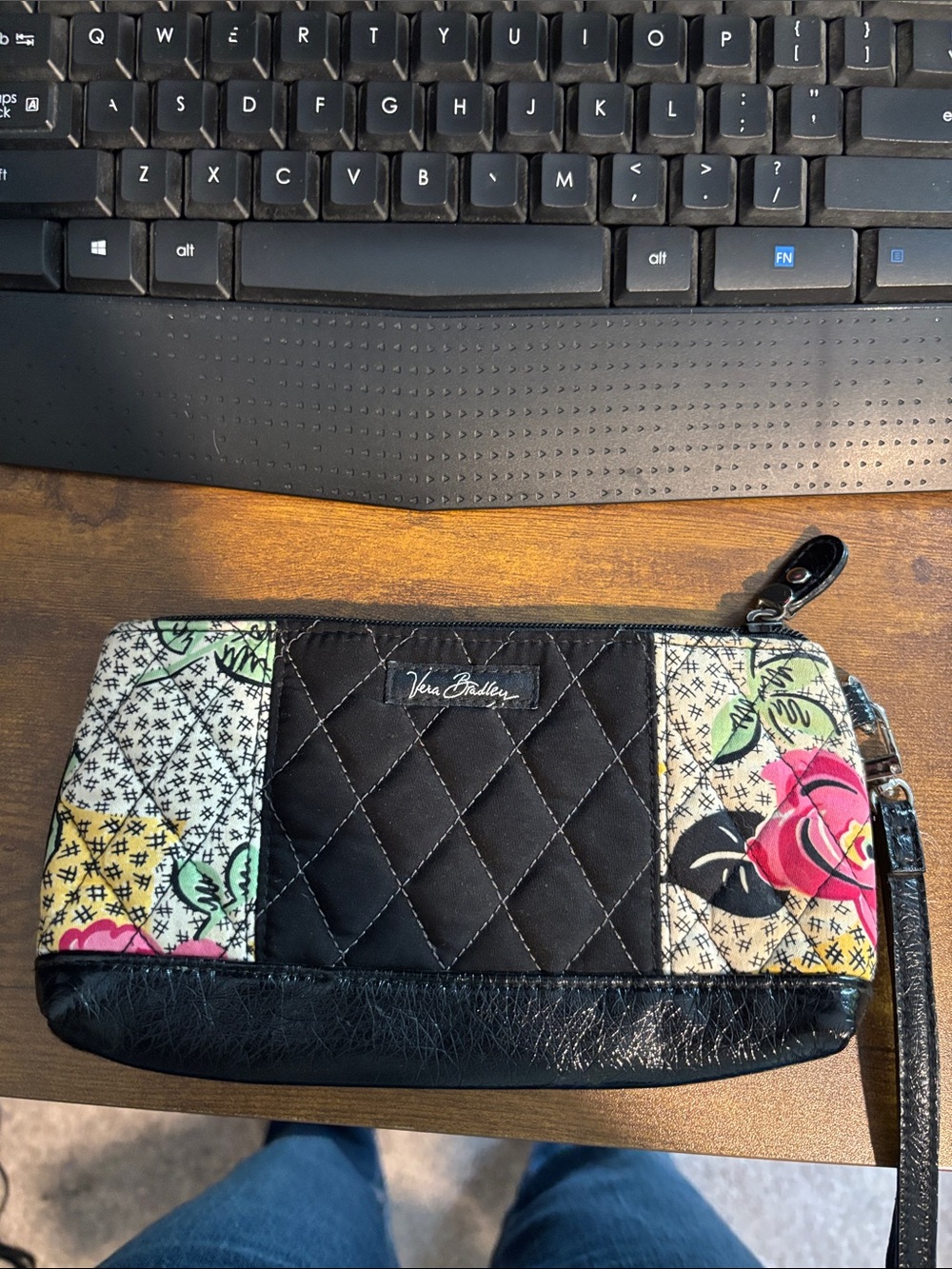 Vera Bradley Black Quilted Wristlet with Floral Panels